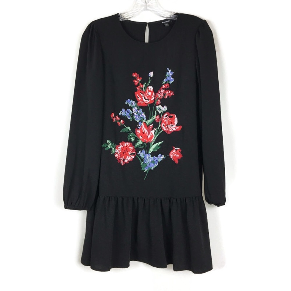 Express Black Floral Embroidered Drop Waist Dress